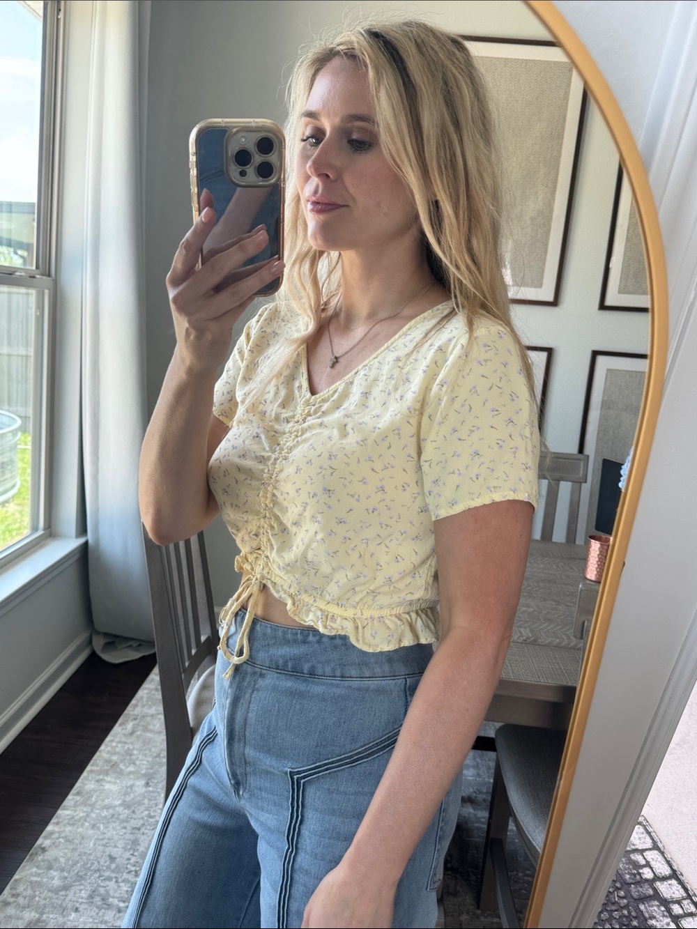 Ruched V-Neck Cropped Top in Light Butter Yellow with Subtle Tiny Purple Florals - Picture 8 of 14